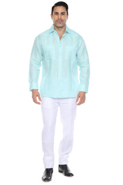 Camisa Guayabera Chacabana 100% Lino para Hombre, Manga Larga, con Bordado y Detalle de Pinzas