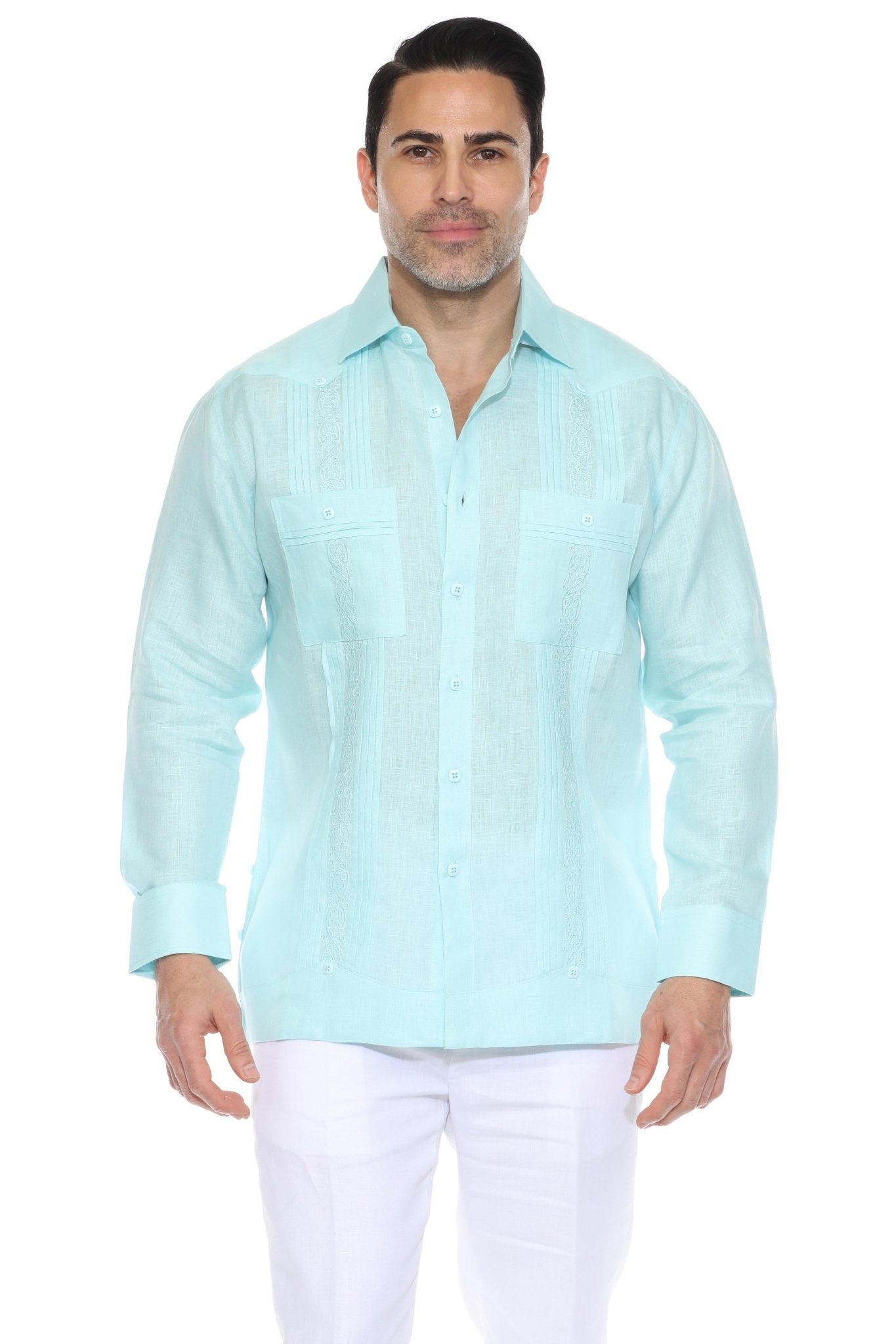 Men's Aqua Blue Linen Guayabera Shirt Front View Studio Long Sleeve Embroidered Trim 2 Pockets