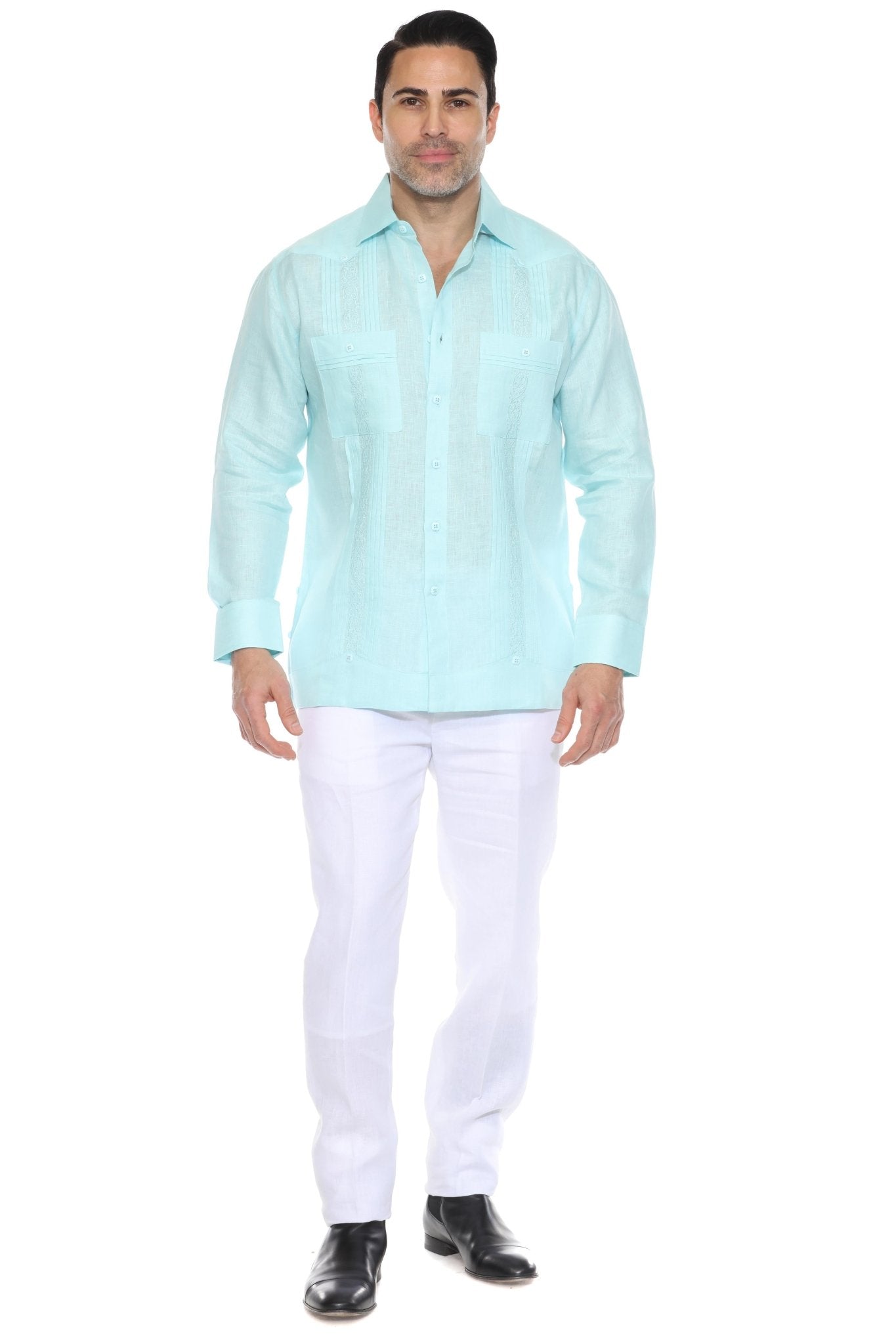 Aqua Blue Linen Guayabera Shirt Men Full Body Front View Studio Long Sleeve White Pants