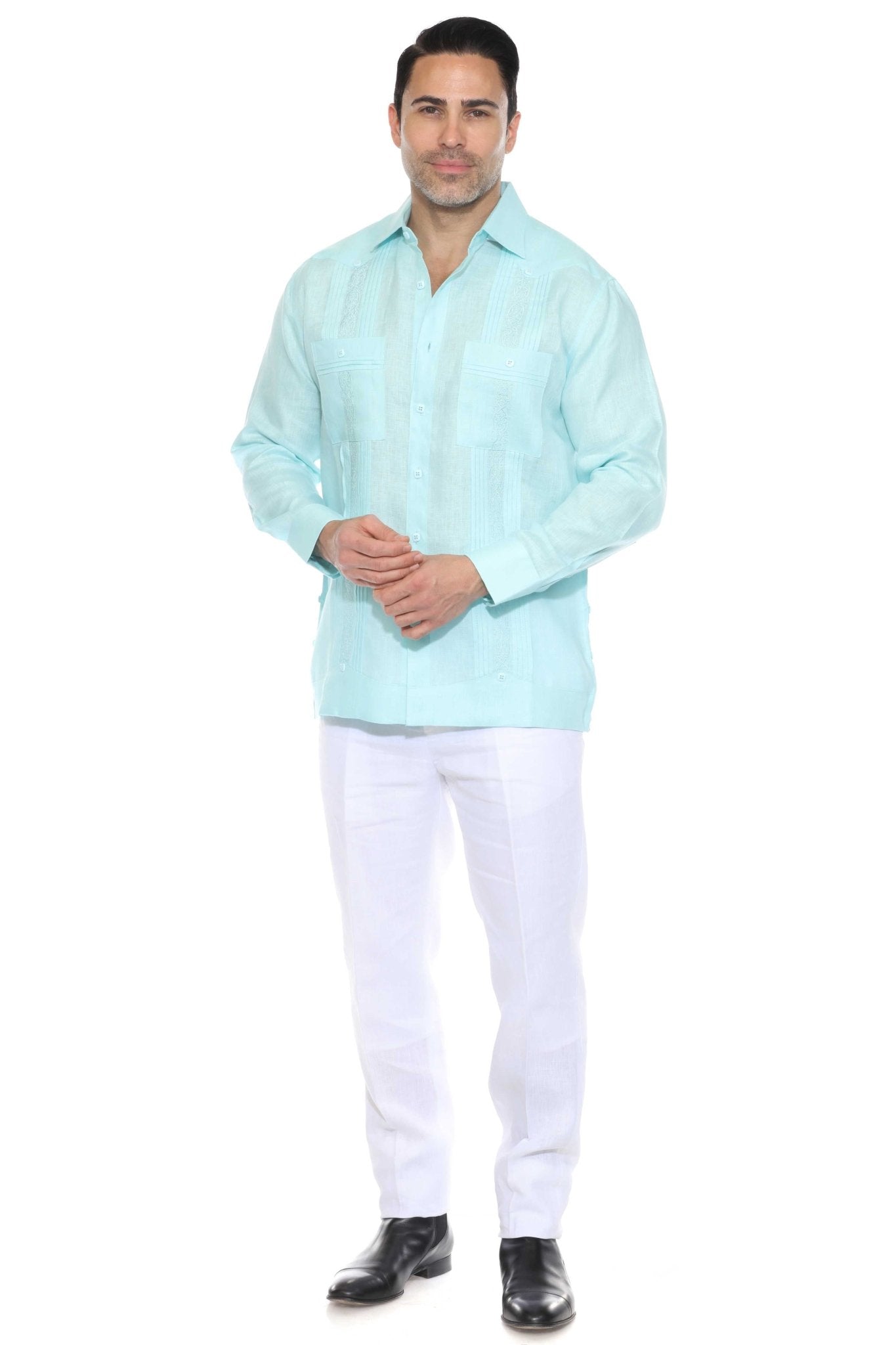 Men's Aqua Linen Guayabera Shirt Embroidery Detail Studio 2 Pocket Long Sleeve 100% Linen