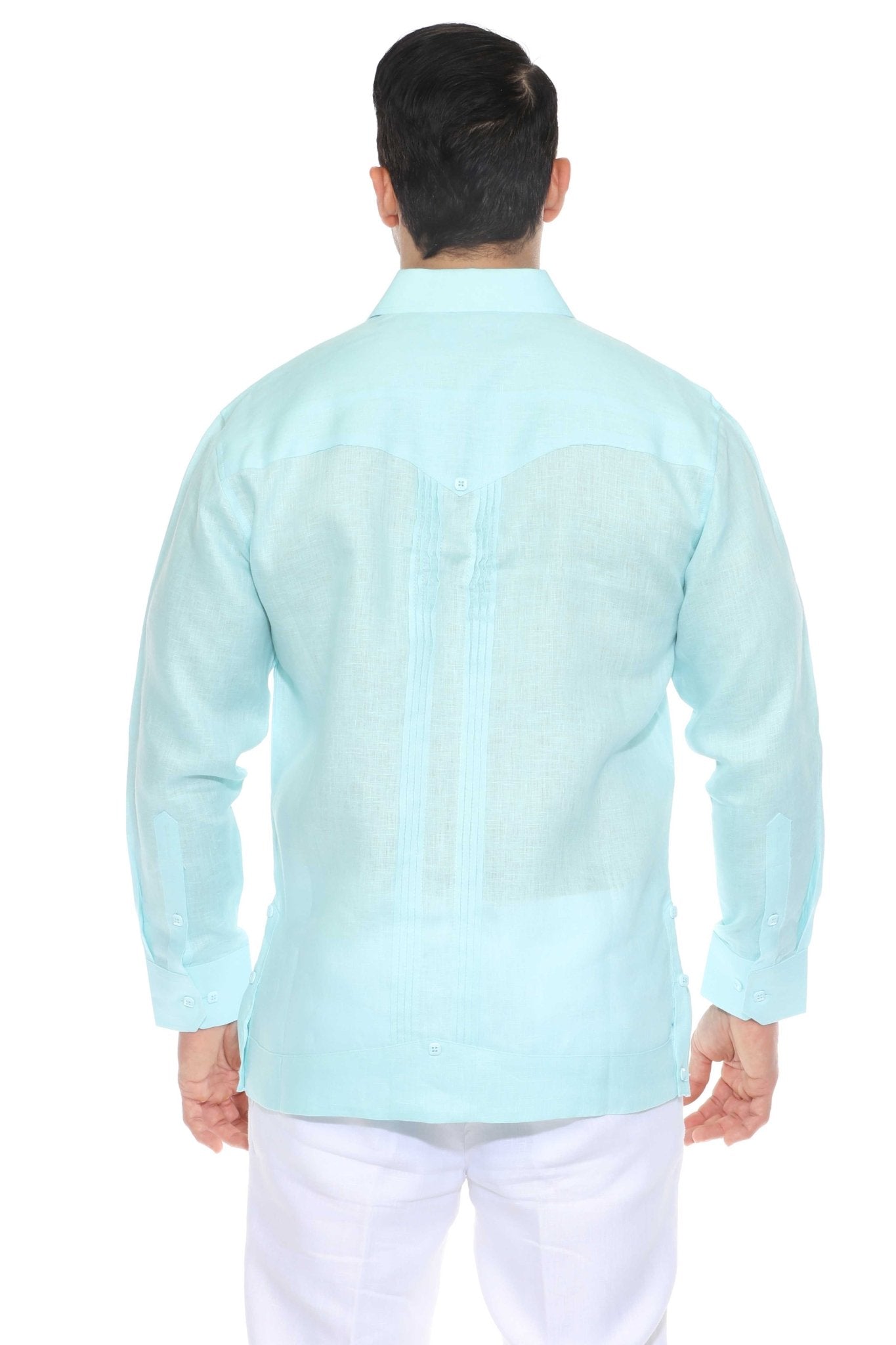 Aqua Blue Linen Guayabera Long Sleeve Shirt Men Back View Studio 100% Linen Embroidered Trim