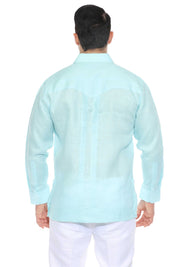 Aqua Blue Linen Guayabera Long Sleeve Shirt Men Back View Studio 100% Linen Embroidered Trim