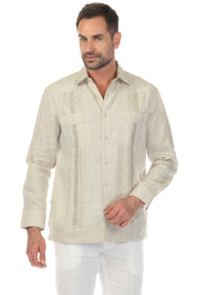 Men's 100% Linen Guayabera Shirt Long Sleeve with Embroidery and Pin Tuck Trim Accent