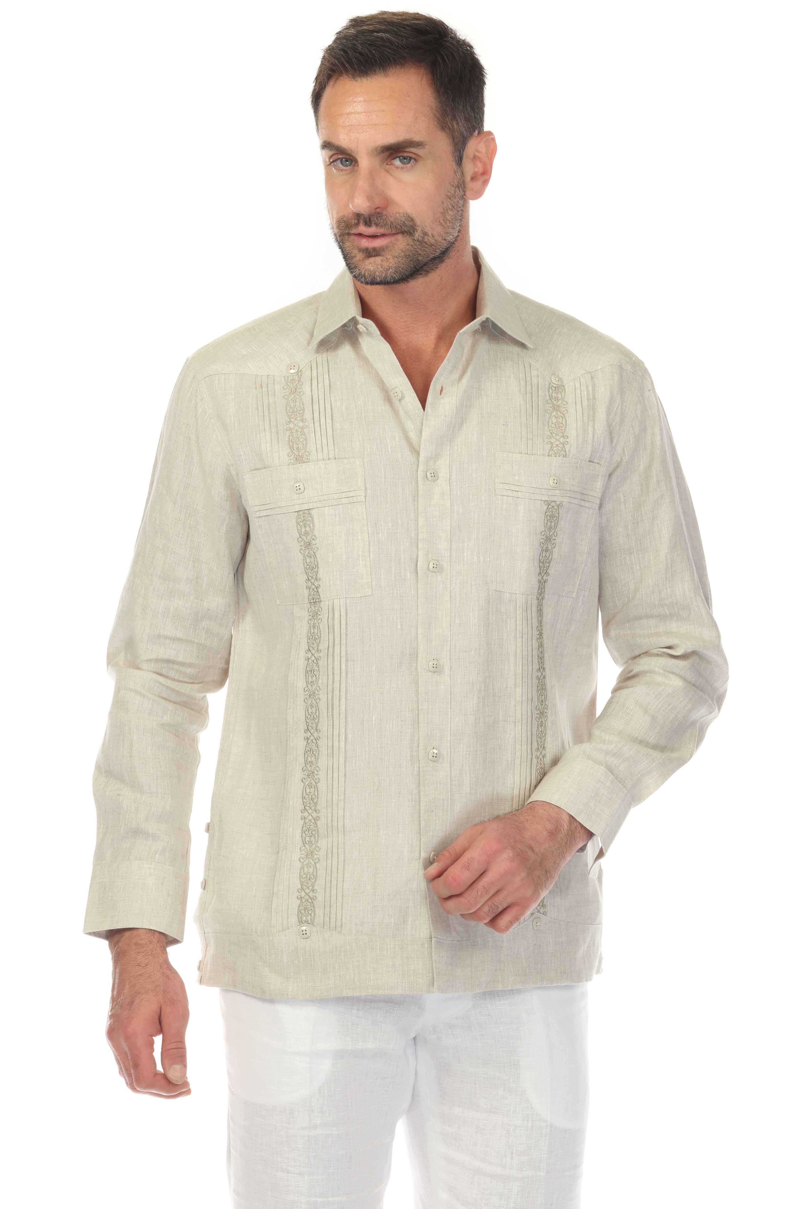 Men's 100% Linen Guayabera Shirt Long Sleeve with Embroidery and Pin Tuck Trim Accent
