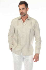 Embroidered Linen Guayabera Long Sleeve with Pintuck Trim