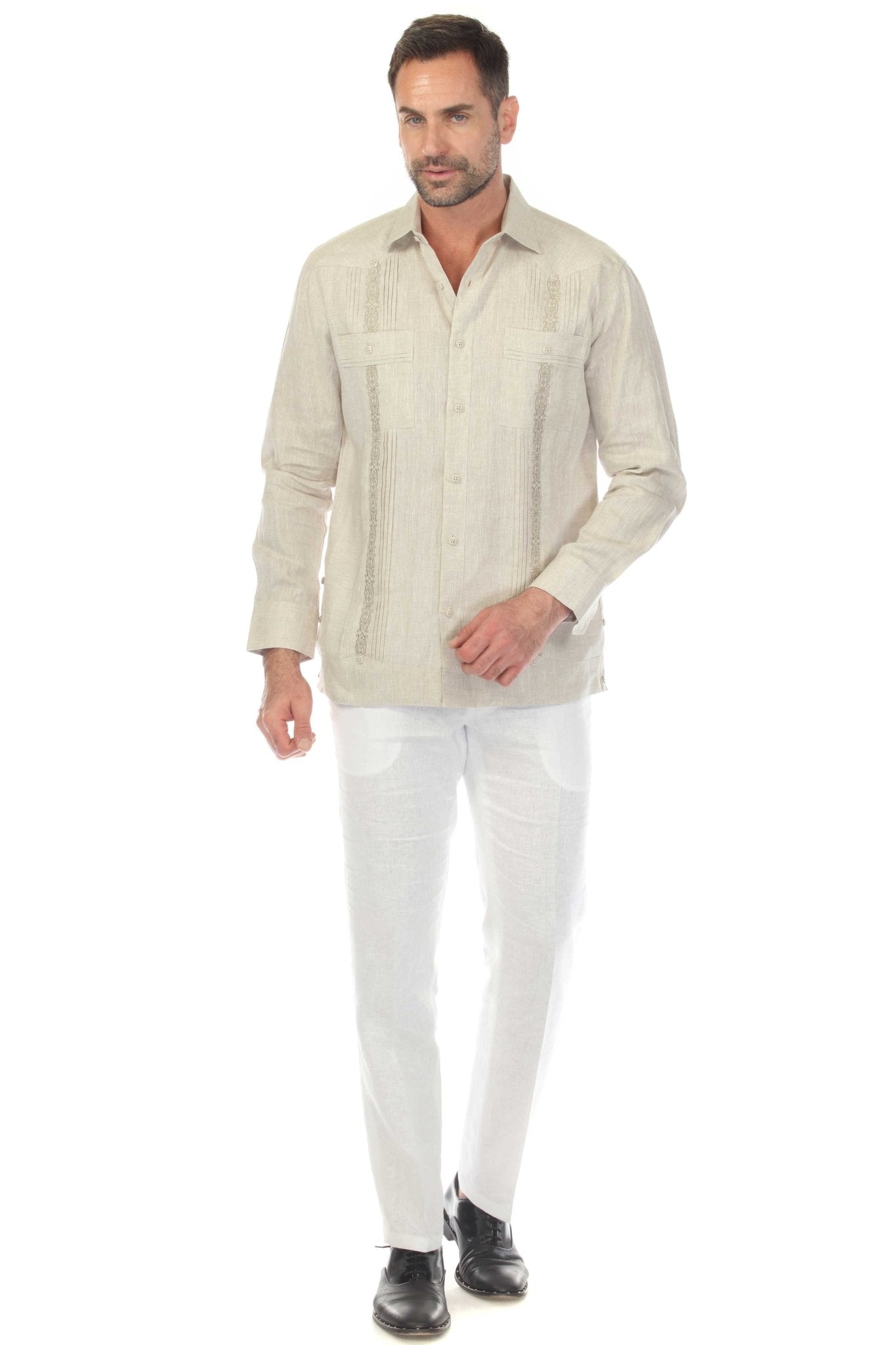 Men's Natural Linen Guayabera Shirt Full Body Studio Long Sleeve White Pants 2 Pocket