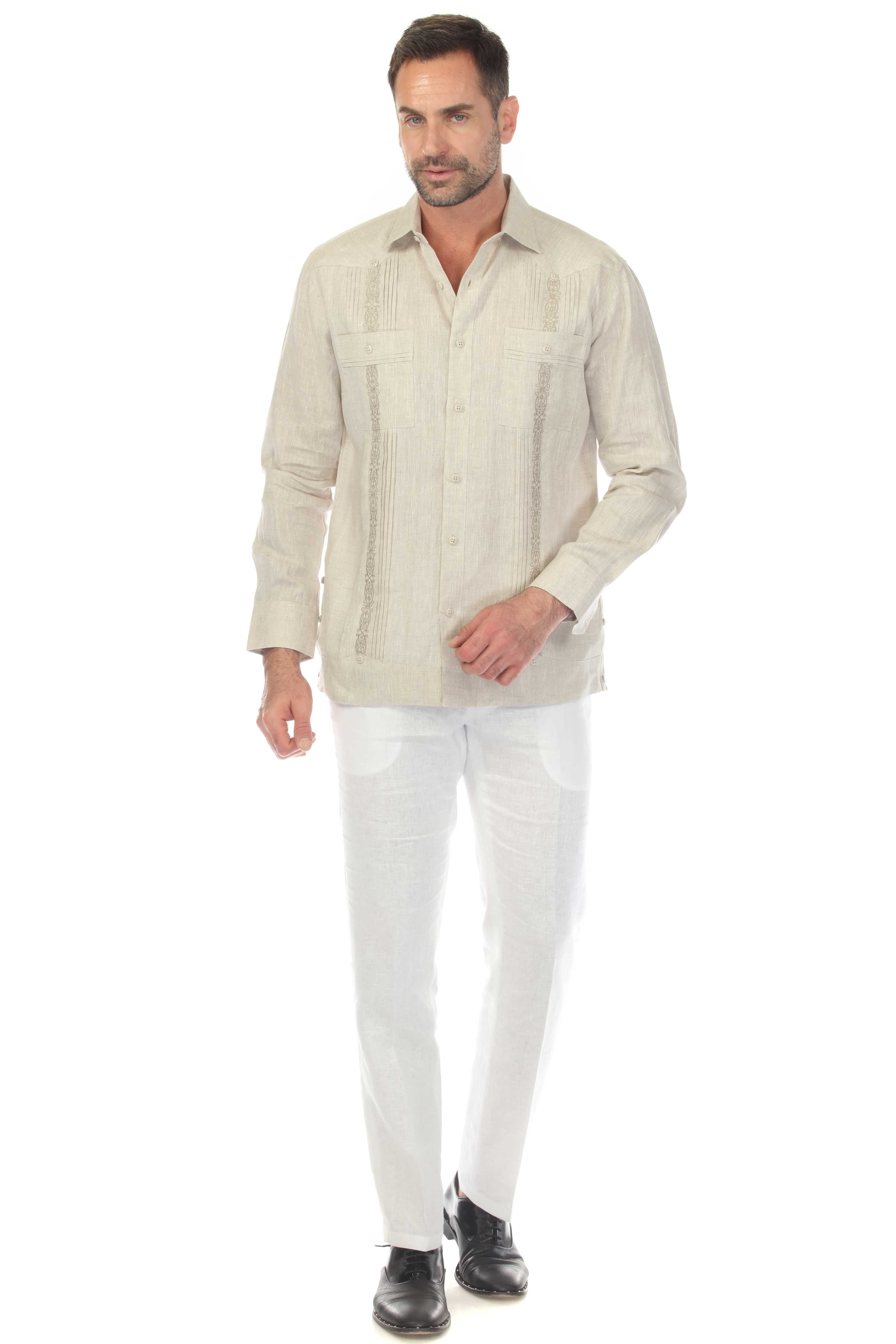 Men's 100% Linen Guayabera Shirt Long Sleeve with Embroidery and Pin Tuck Trim Accent