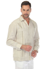 Embroidered Linen Guayabera Long Sleeve with Pintuck Trim