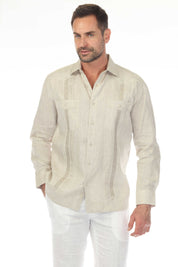 Men's 100% Linen Guayabera Shirt Long Sleeve with Embroidery and Pin Tuck Trim Accent