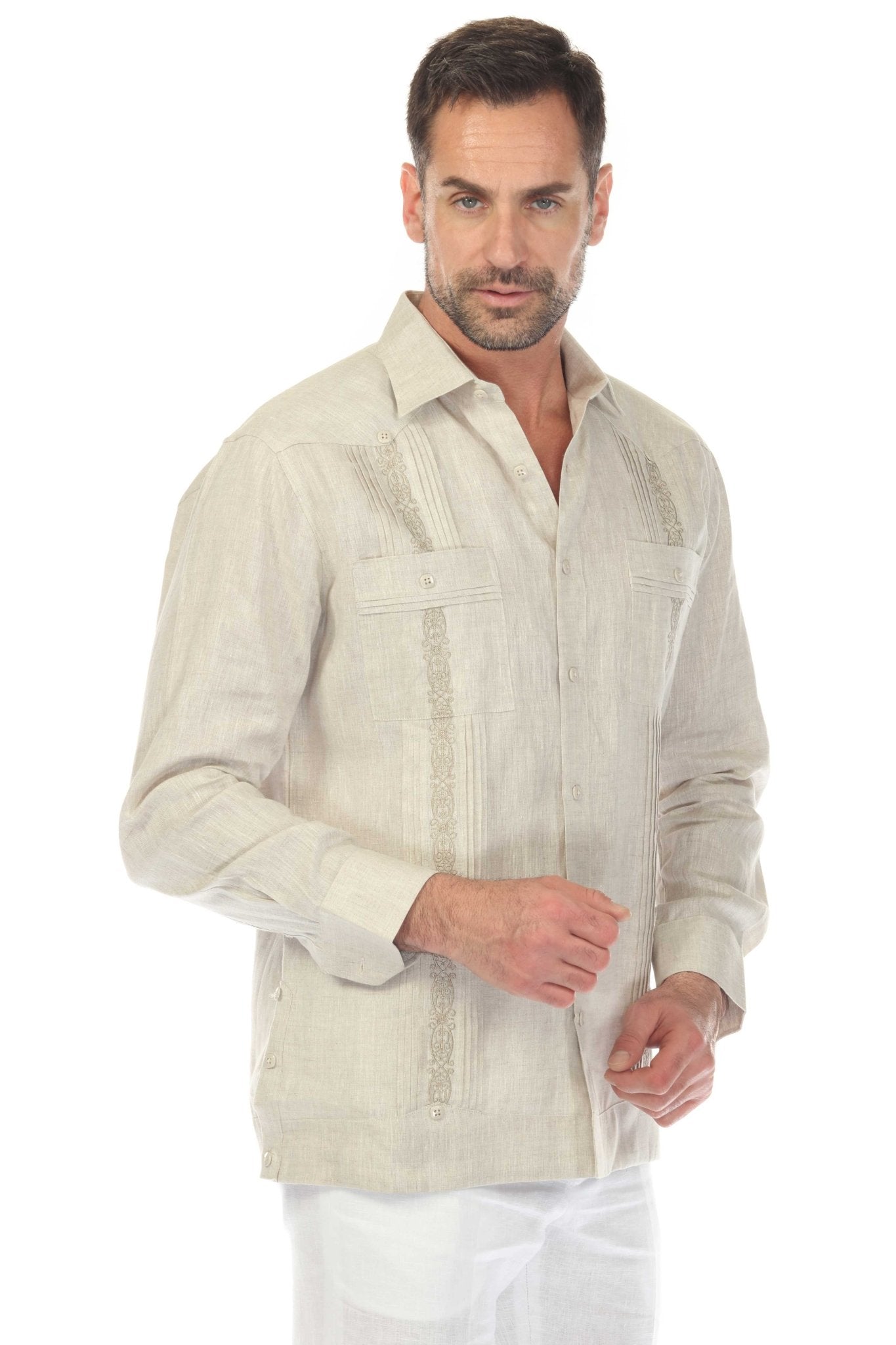 Man wearing a beige button-up shirt on a white background