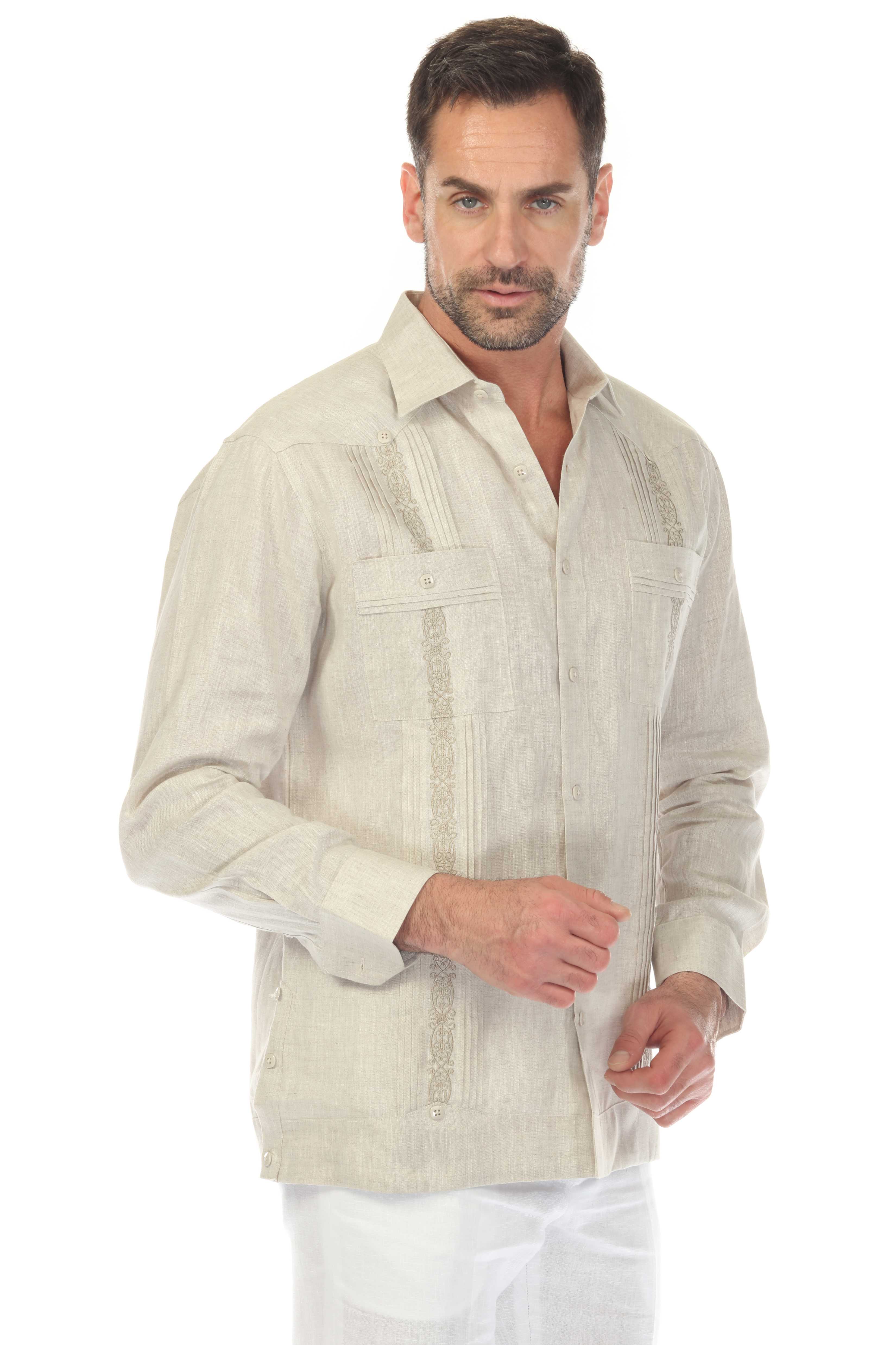 Men's 100% Linen Guayabera Shirt Long Sleeve with Embroidery and Pin Tuck Trim Accent