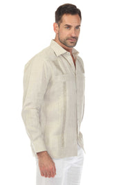 Men's 100% Linen Guayabera Shirt Long Sleeve with Embroidery and Pin Tuck Trim Accent