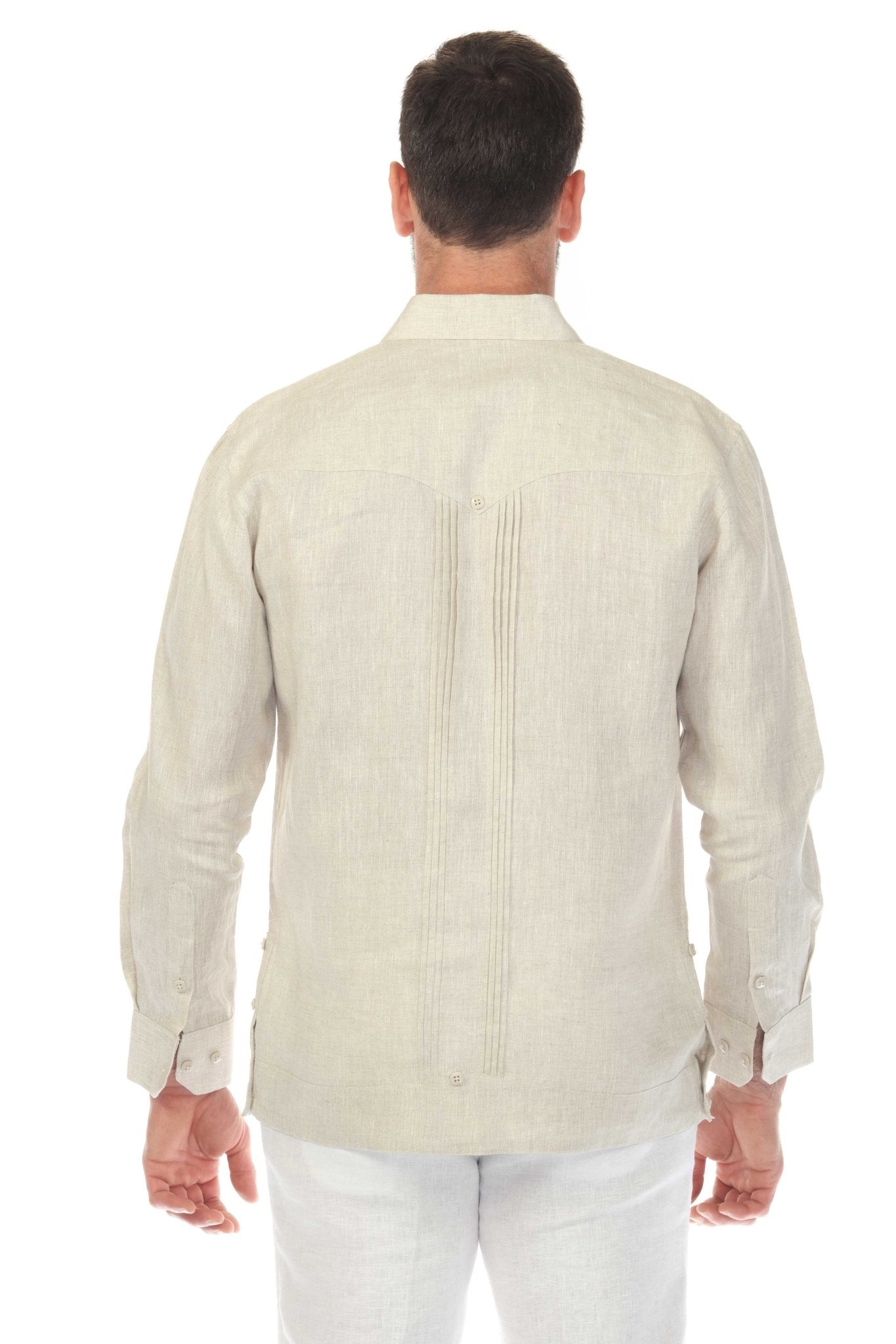 Natural Linen Guayabera Shirt Men Back View Studio Long Sleeve 100% Linen Embroidered Trim