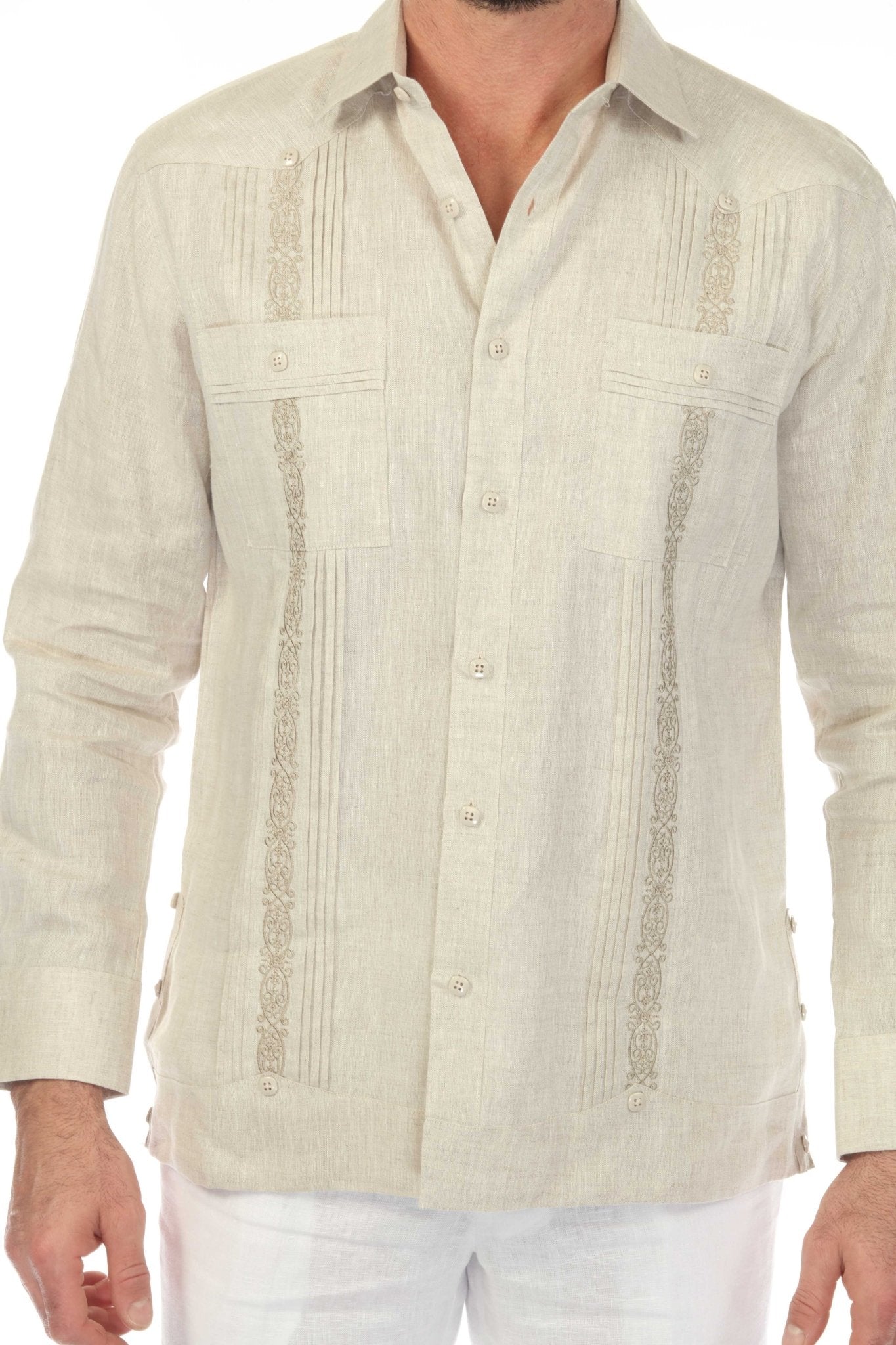 Close-Up Embroidery Detail Natural Linen Guayabera Shirt Men Long Sleeve 2 Pocket