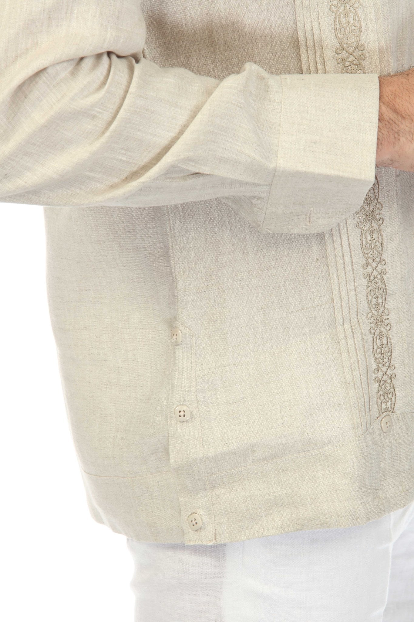Close-Up Lower Embroidery Detail Natural Linen Guayabera Shirt Men Long Sleeve 2 Pocket