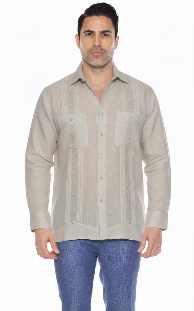 Men's 100% Linen Guayabera Shirt Long Sleeve with Embroidery and Pin Tuck Trim Accent