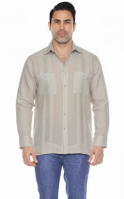 Men's 100% Linen Guayabera Shirt Long Sleeve with Embroidery and Pin Tuck Trim Accent