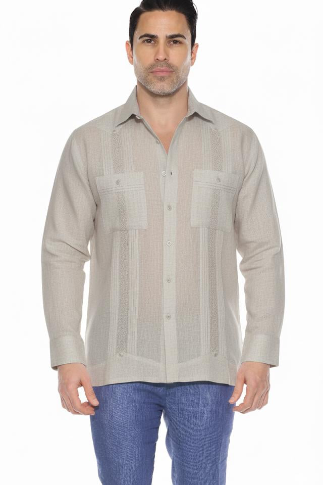 Men's 100% Linen Guayabera Shirt Long Sleeve with Embroidery and Pin Tuck Trim Accent
