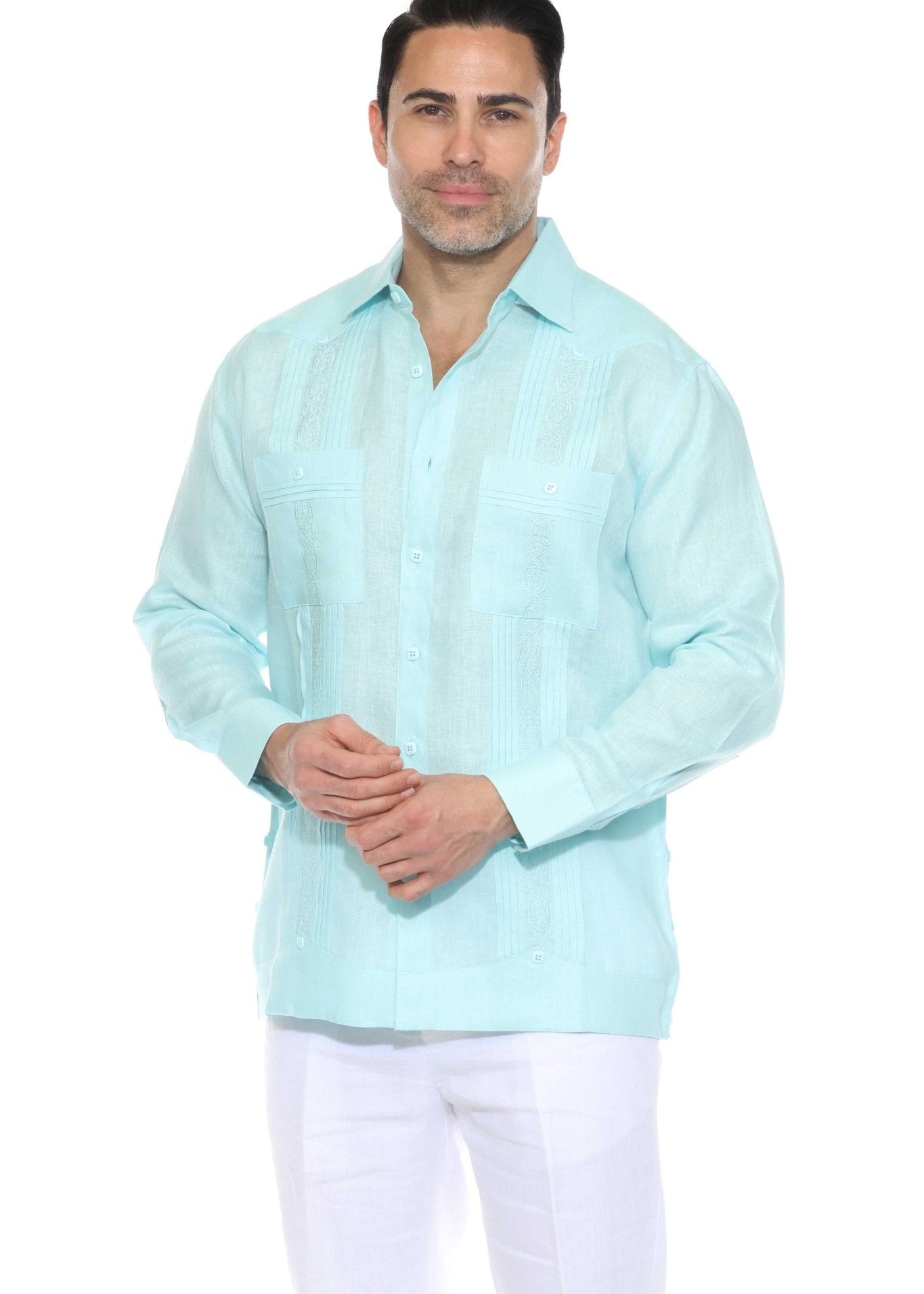 Embroidered Linen Guayabera Long Sleeve with Pintuck Trim