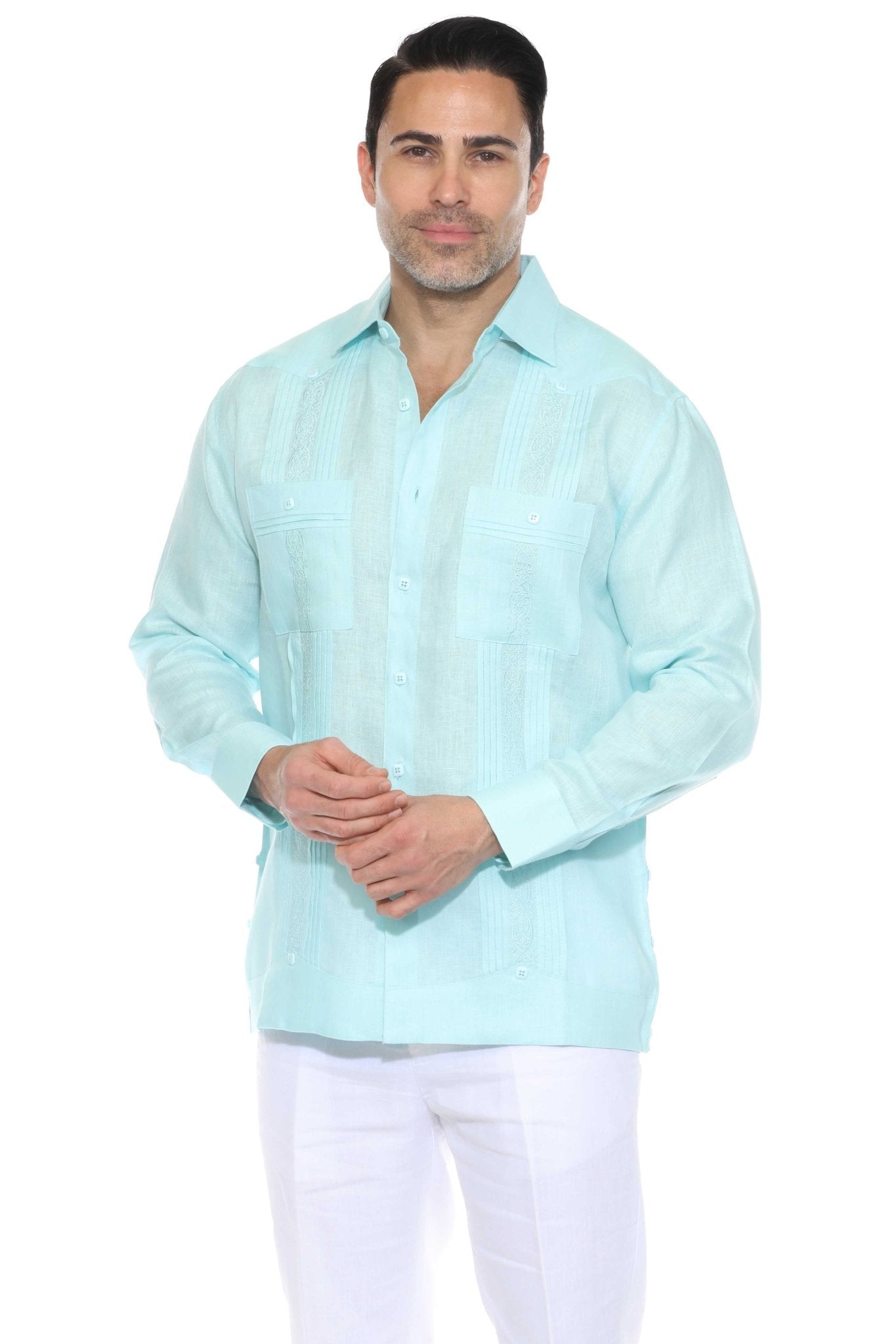 Embroidered Linen Guayabera Long Sleeve with Pintuck Trim
