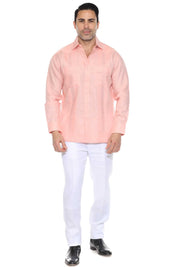 Men's Salmon Linen Guayabera Shirt Full Body Front View Studio Long Sleeve Embroidered Trim