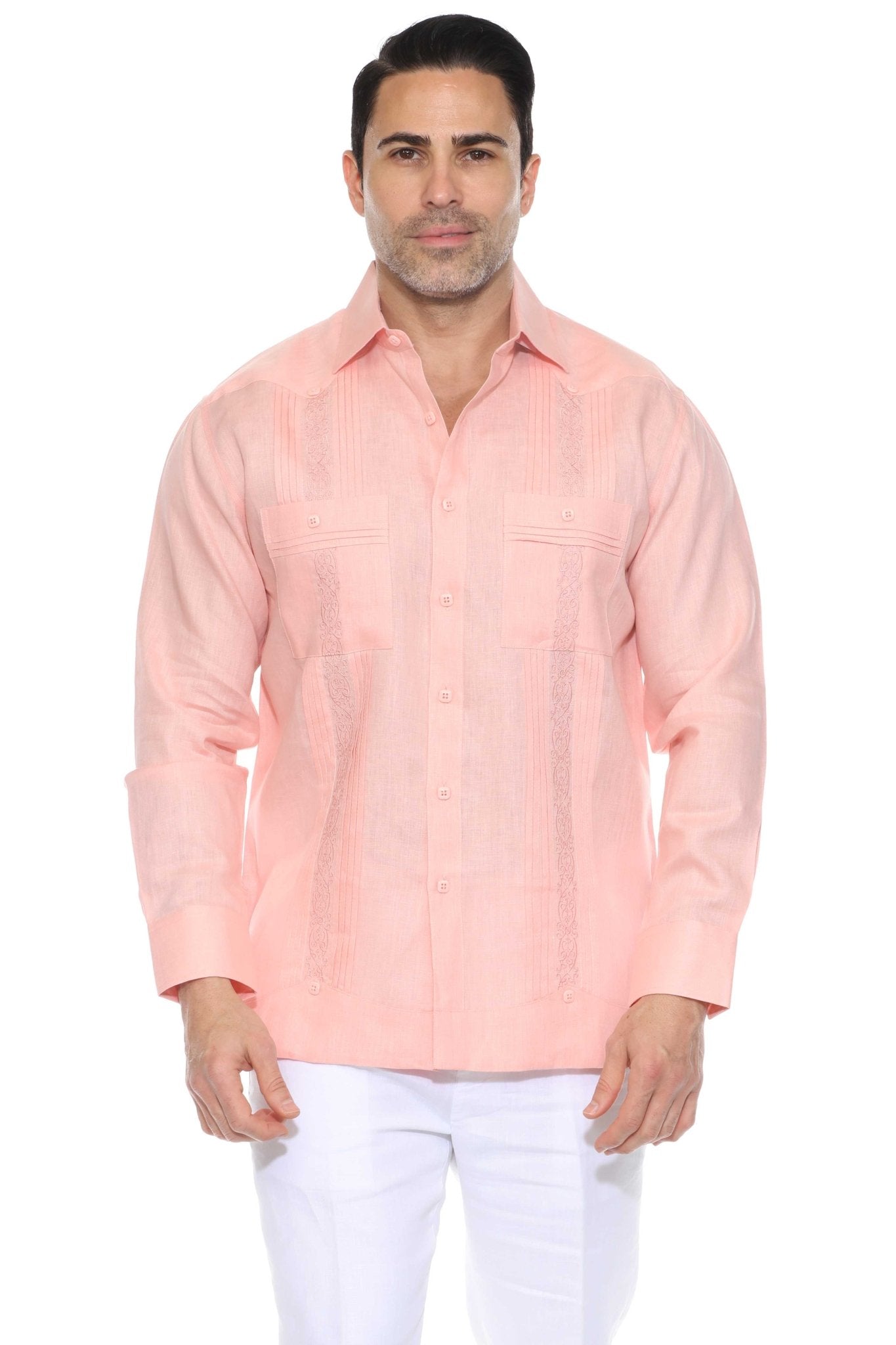 Salmon Pink Linen Guayabera Long Sleeve Shirt Men Front View Studio White Background