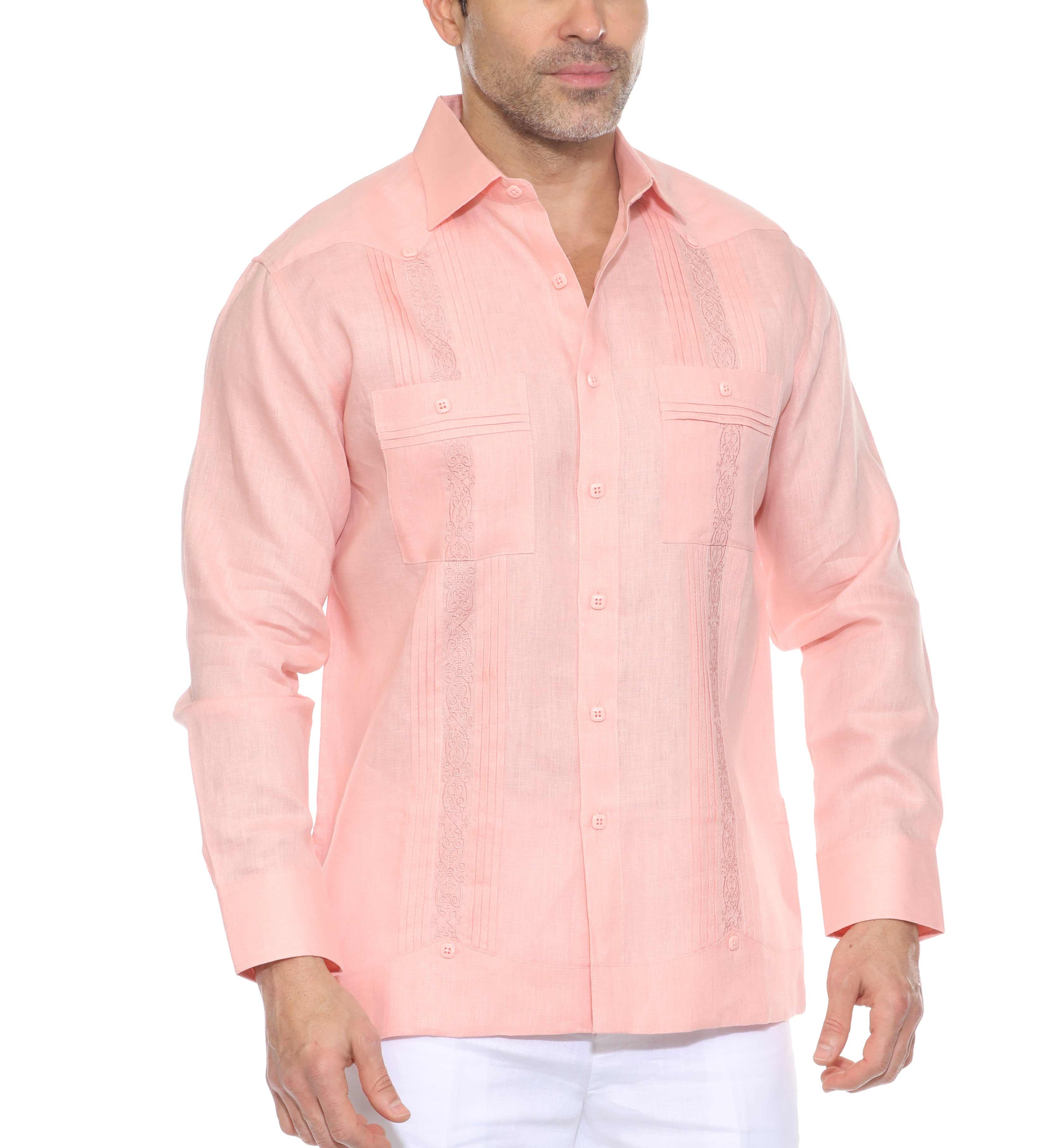 Men's 100% Linen Guayabera Chacabana Shirt Long Sleeve with Embroidery and Pin Tuck Trim Accent