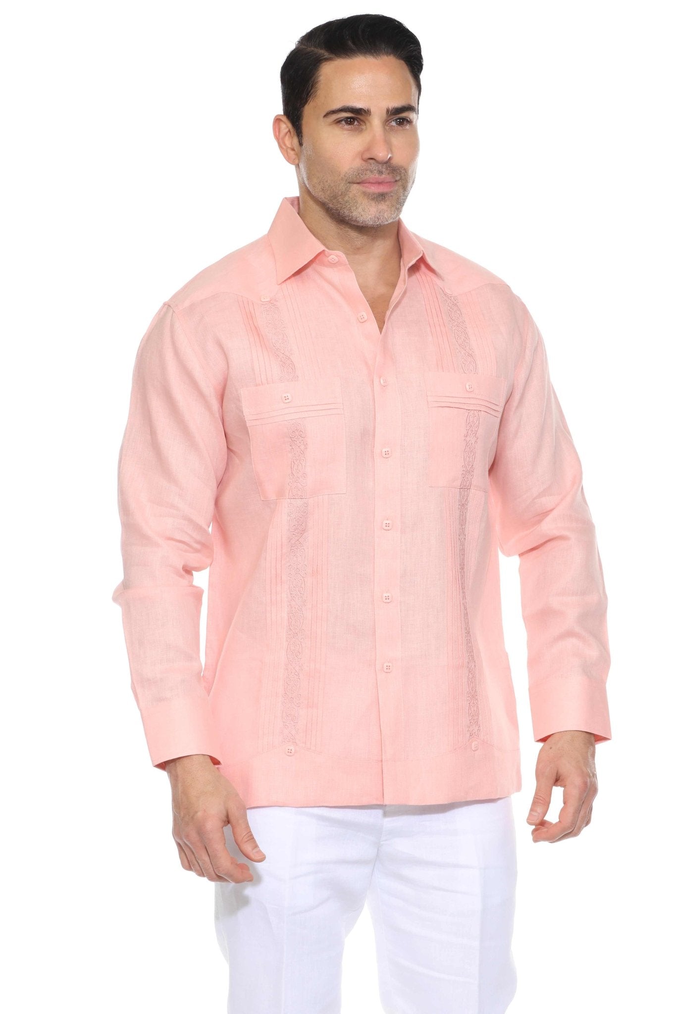 Men's Salmon Linen Guayabera Shirt 3/4 View Long Sleeve Embroidered Trim Studio White Background