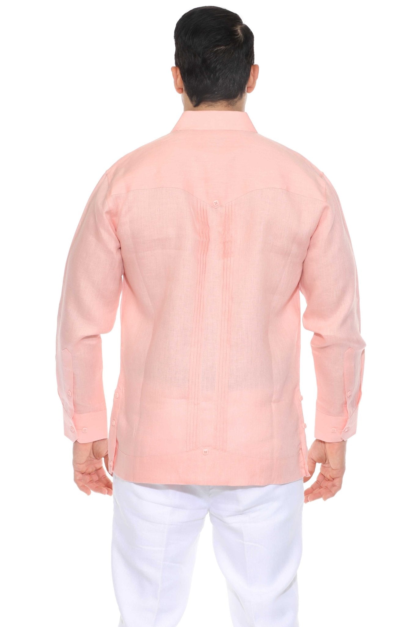 Men's Salmon Linen Guayabera Shirt 4 Pocket Long Sleeve Embroidered Trim Studio Back View