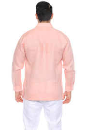 Men's Salmon Linen Guayabera Shirt 4 Pocket Long Sleeve Embroidered Trim Studio Back View