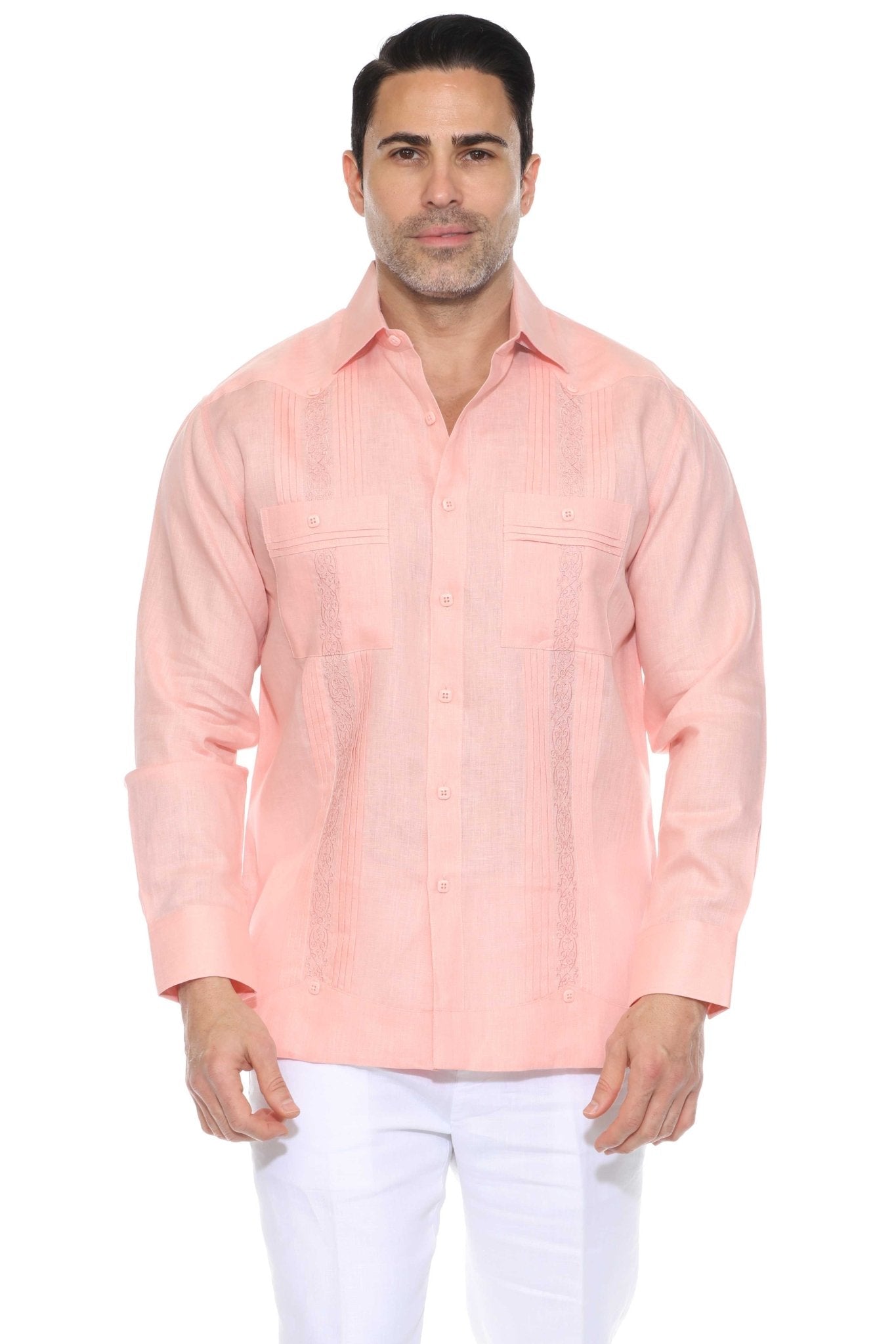 Embroidered Linen Guayabera Long Sleeve with Pintuck Trim