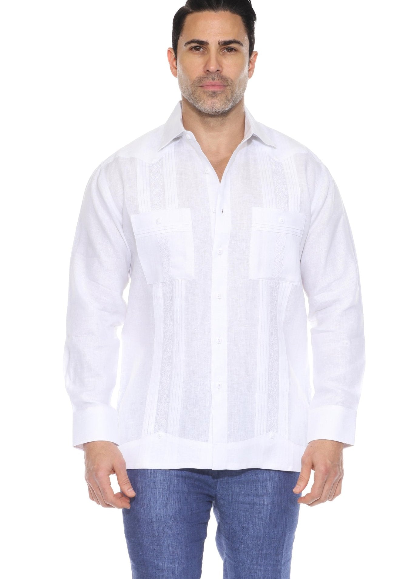 Embroidered Linen Guayabera Long Sleeve with Pintuck Trim