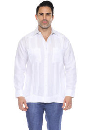 Camisa Guayabera Chacabana 100% Lino para Hombre, Manga Larga, con Bordado y Detalle de Pinzas
