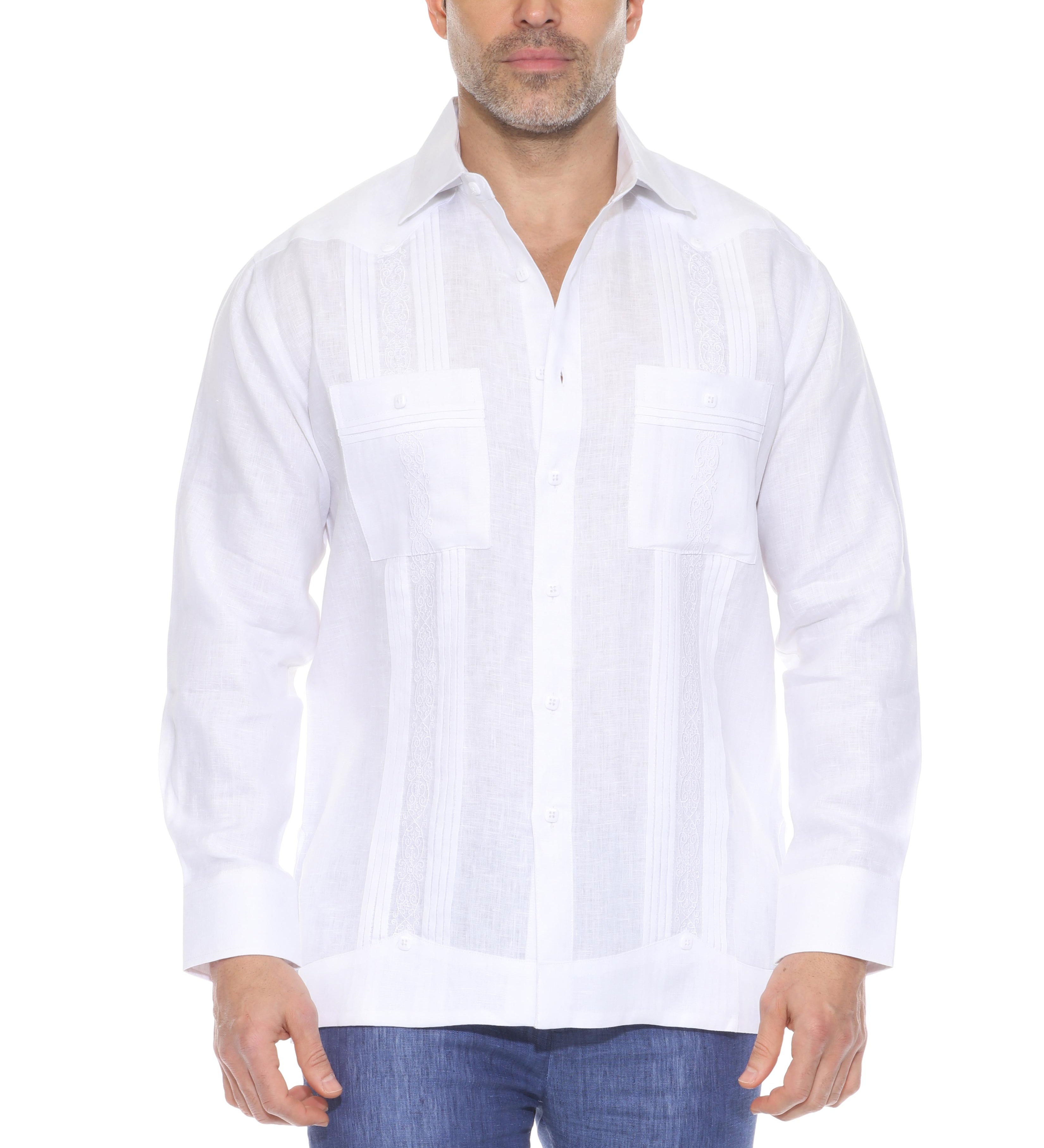 Men's 100% Linen Guayabera Chacabana Shirt Long Sleeve with Embroidery and Pin Tuck Trim Accent