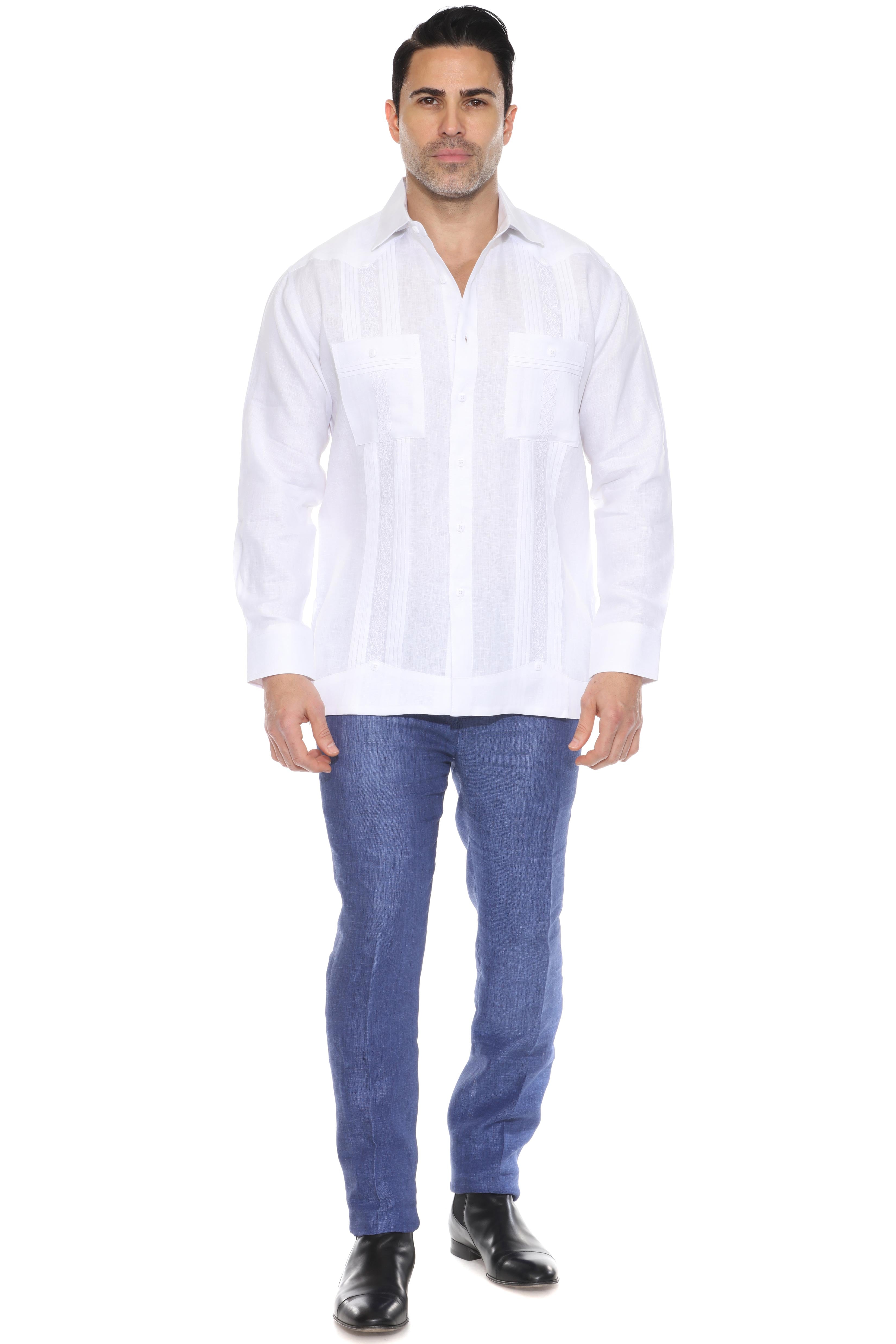 Camisa Guayabera Chacabana 100% Lino para Hombre, Manga Larga, con Bordado y Detalle de Pinzas