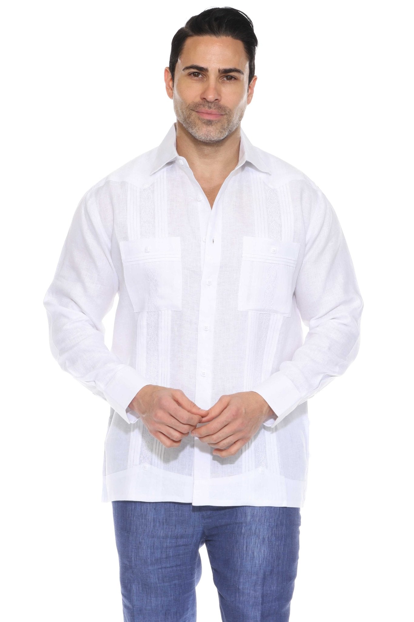 Men's White Linen Guayabera Shirt Front View Smiling Studio Long Sleeve 2 Pocket Embroidered