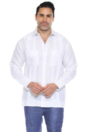 Men's White Linen Guayabera Shirt Front View Smiling Studio Long Sleeve 2 Pocket Embroidered