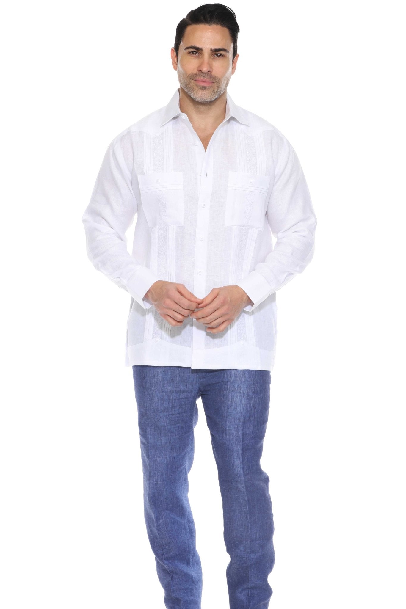 White Linen Guayabera Shirt Men Embroidered Trim Close-Up Detail 2 Pocket Long Sleeve
