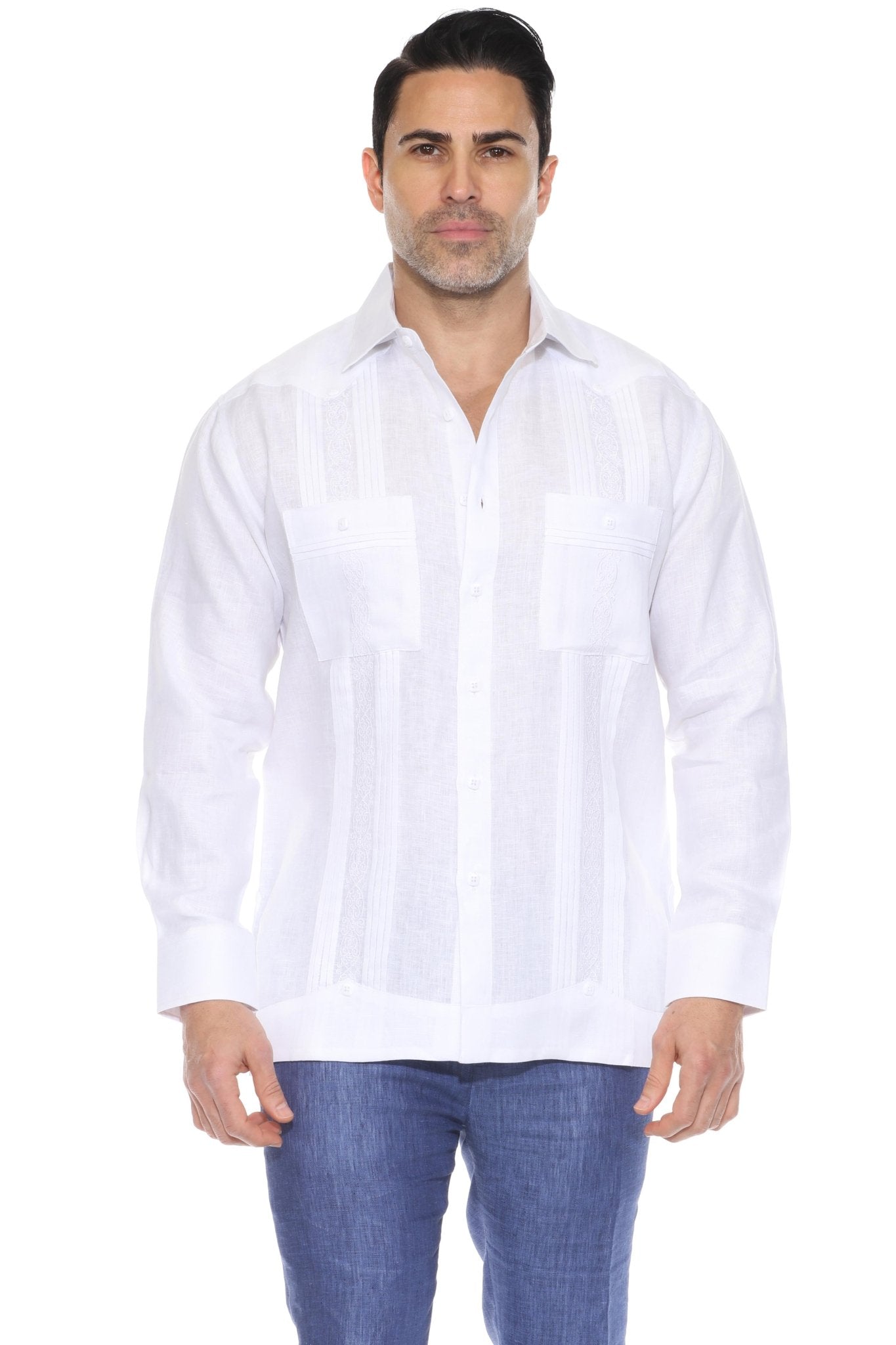 Men's White Linen Guayabera Shirt Half Body Front View Studio Long Sleeve 2 Pocket Embroidered