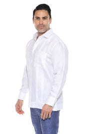 White Linen Guayabera Shirt Men Side 3/4 View Long Sleeve Embroidered Trim 2 Pocket Studio