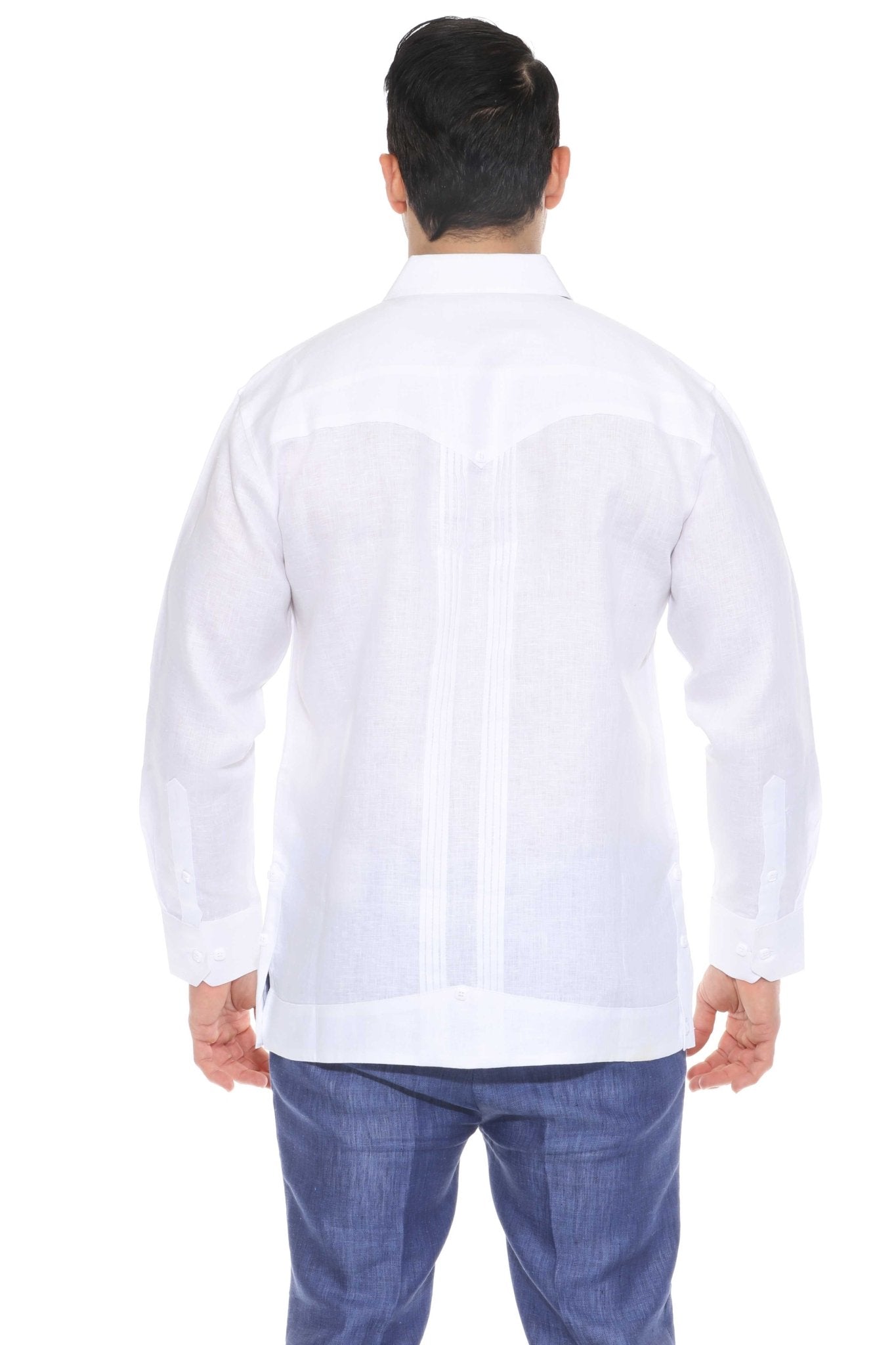 Men's White Linen Guayabera Shirt Back View Studio Long Sleeve 2 Pocket 100% Linen