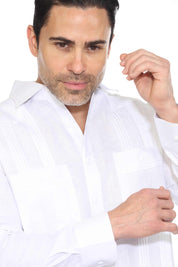 Camisa Guayabera Chacabana 100% Lino para Hombre, Manga Larga, con Bordado y Detalle de Pinzas