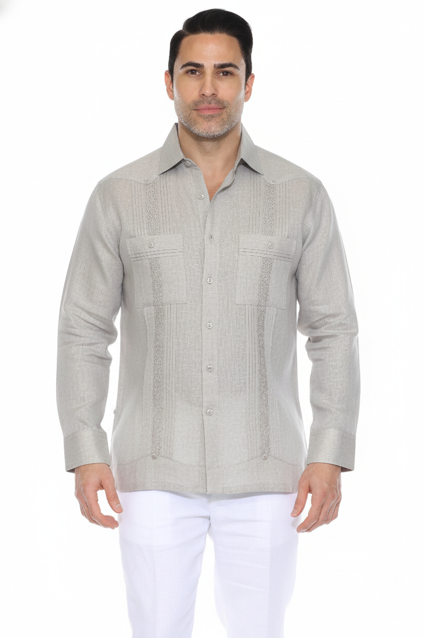 Men's 100% Linen Guayabera Shirt Long Sleeve with Embroidery and Pin Tuck Trim Accent