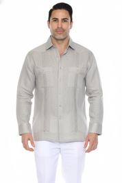 Men's 100% Linen Guayabera Shirt Long Sleeve with Embroidery and Pin Tuck Trim Accent