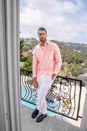 Men's salmon linen embroidered guayabera long sleeve, full-length outdoor look with white pants and loafers