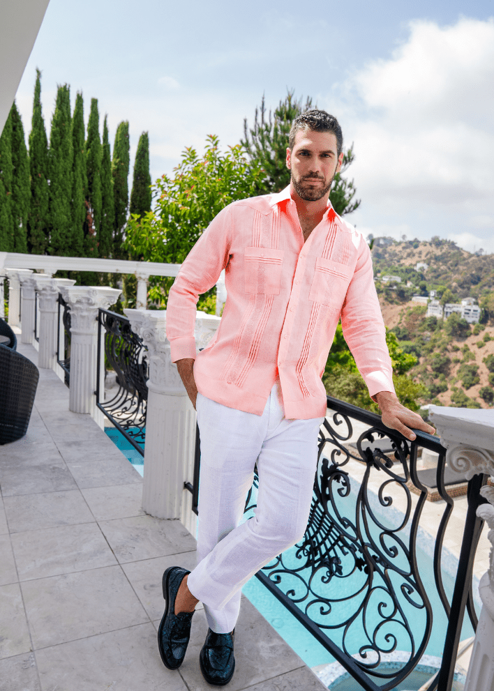 Men's Salmon 100% Linen Guayabera Shirt Long Sleeve Outdoor Terrace Embroidered Trim
