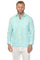 Front view of a man wearing a light blue men’s premium linen two-pocket guayabera shirt.