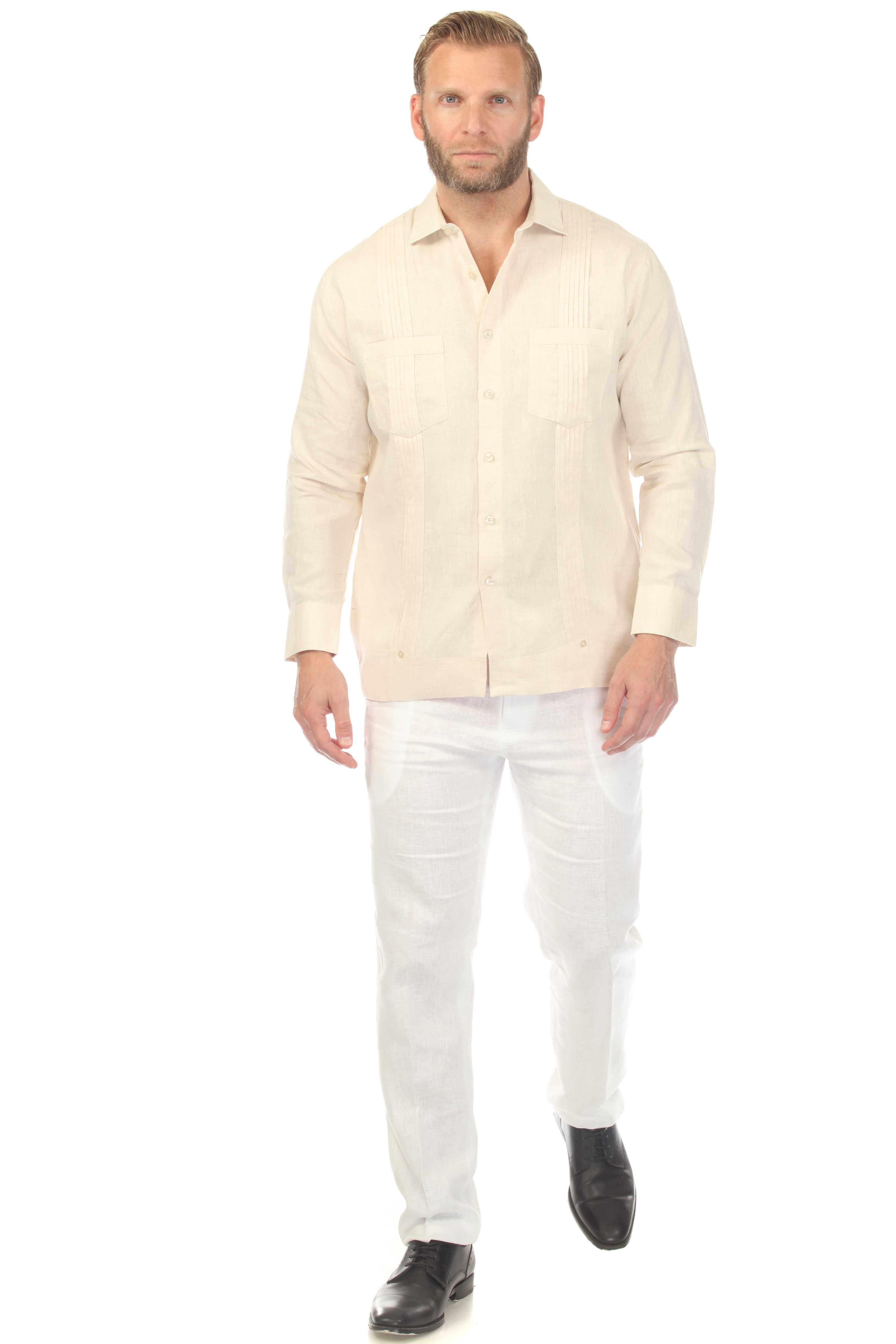 Men's 100% Linen Two Pocket Guayabera Shirt Tuxedo Look