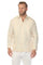 Front view of a man wearing the Men’s Premium Linen Guayabera Shirt in off-white, with long sleeves and two chest pockets.