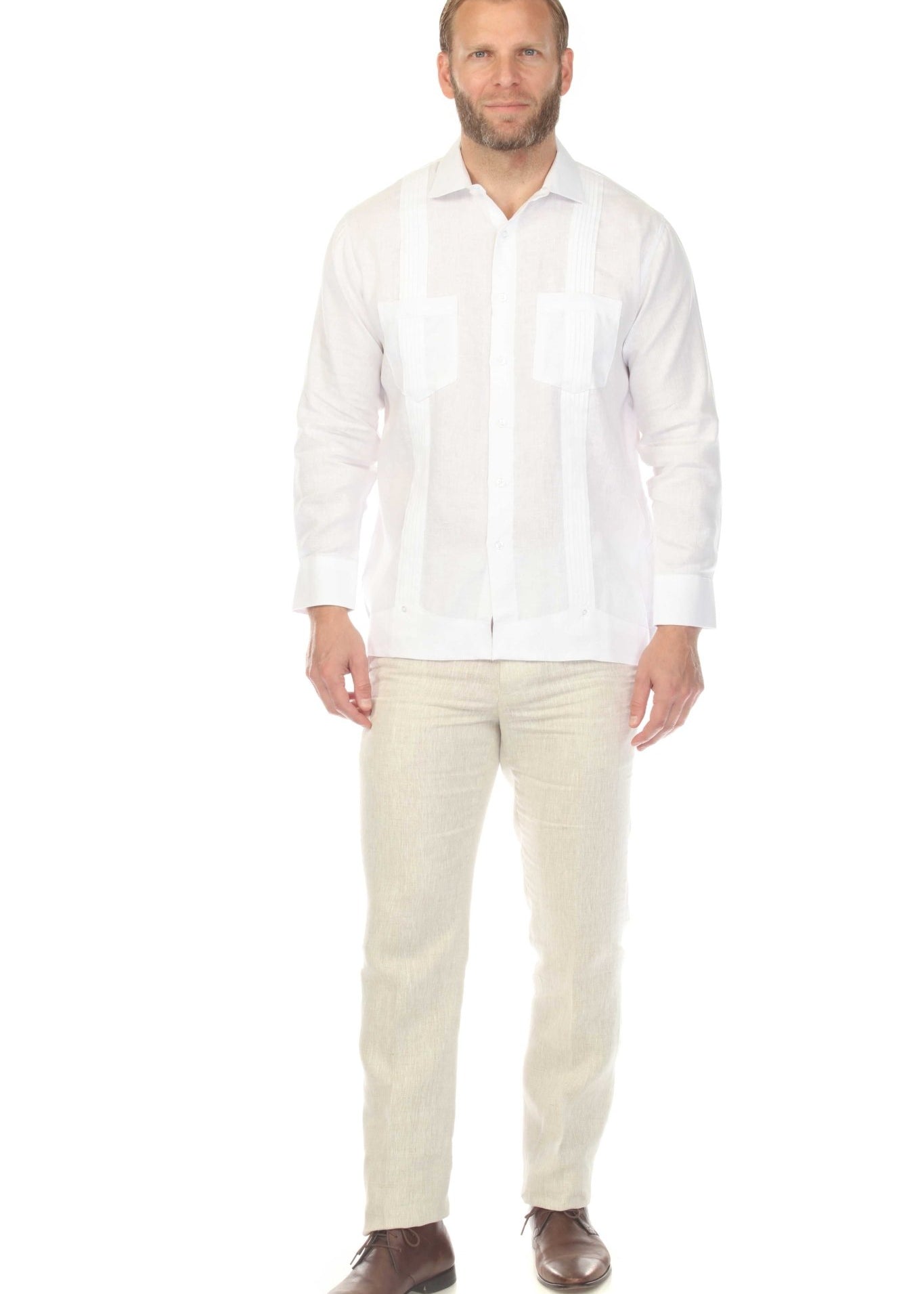 A man wearing a white Men’s Premium Linen Two-Pocket Guayabera Shirt poses against a white background.